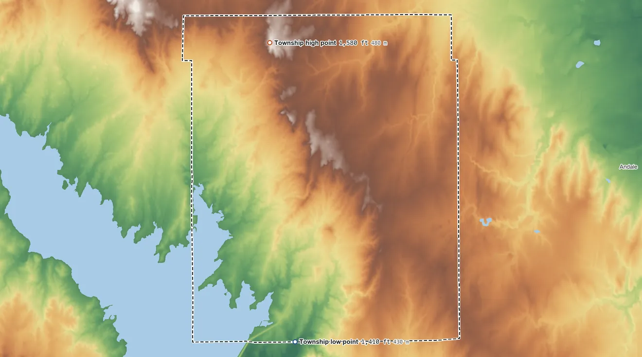 Topographic elevation map of Sumner Township, Kansas, shaded from 1,410 ft on the south side to 1,580 ft on the north side