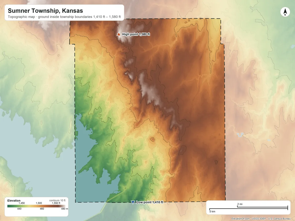 Topographic elevation map of Sumner Township, Kansas, shaded from 1,410 ft on the south side to 1,580 ft on the north side