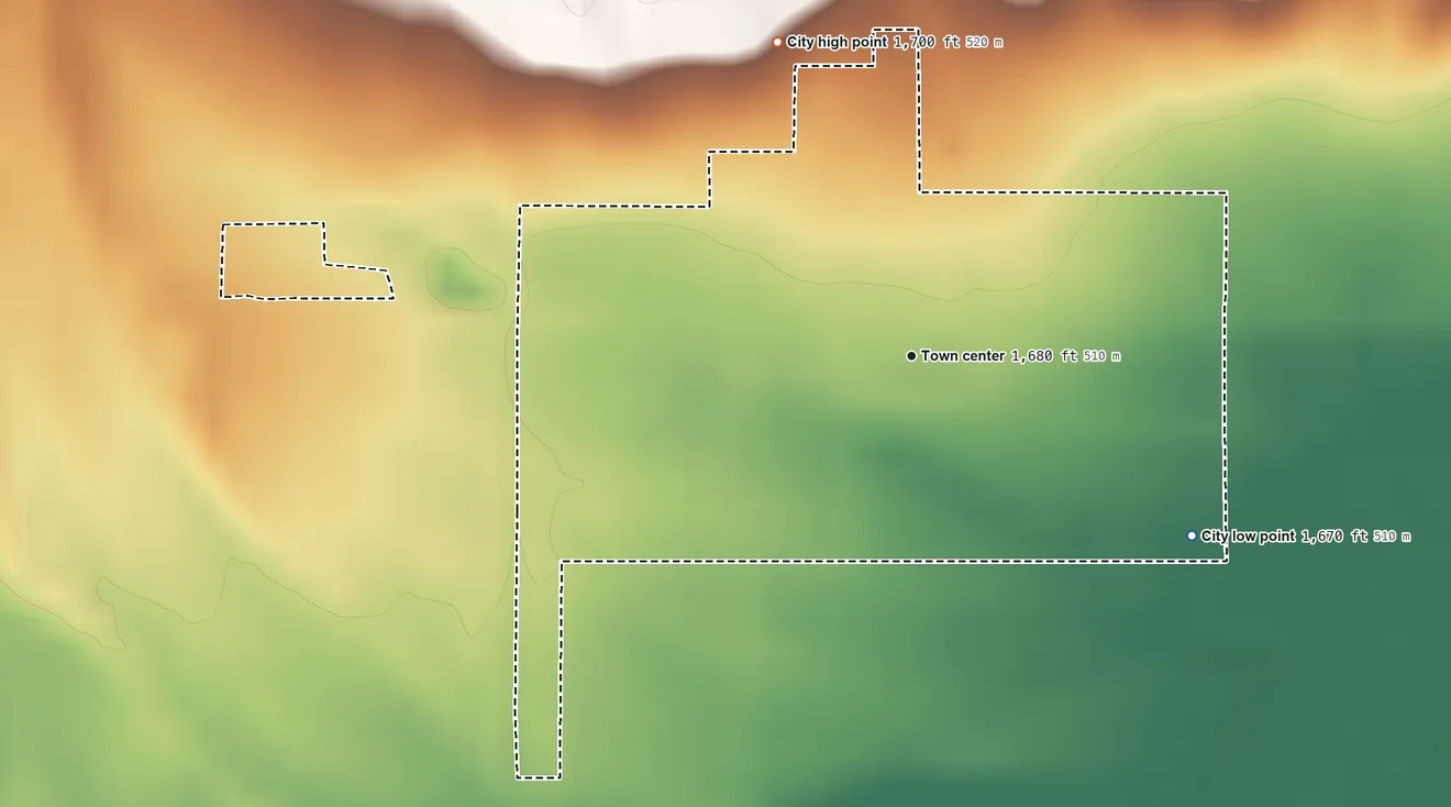 Topographic elevation map of Sun City, Kansas, shaded from 1,670 ft on the southeast side to 1,700 ft on the northwest side