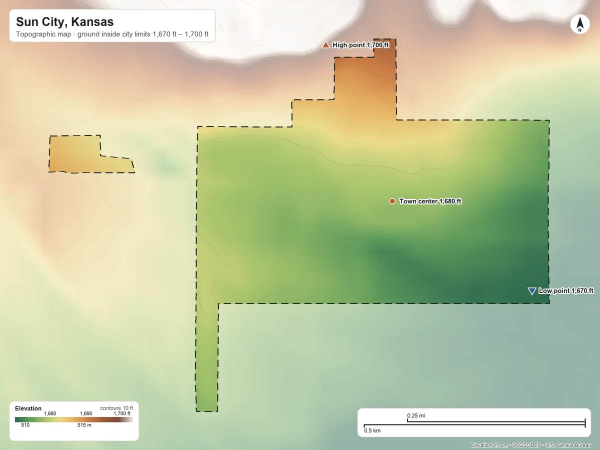 Topographic elevation map of Sun City, Kansas, shaded from 1,670 ft on the southeast side to 1,700 ft on the northwest side