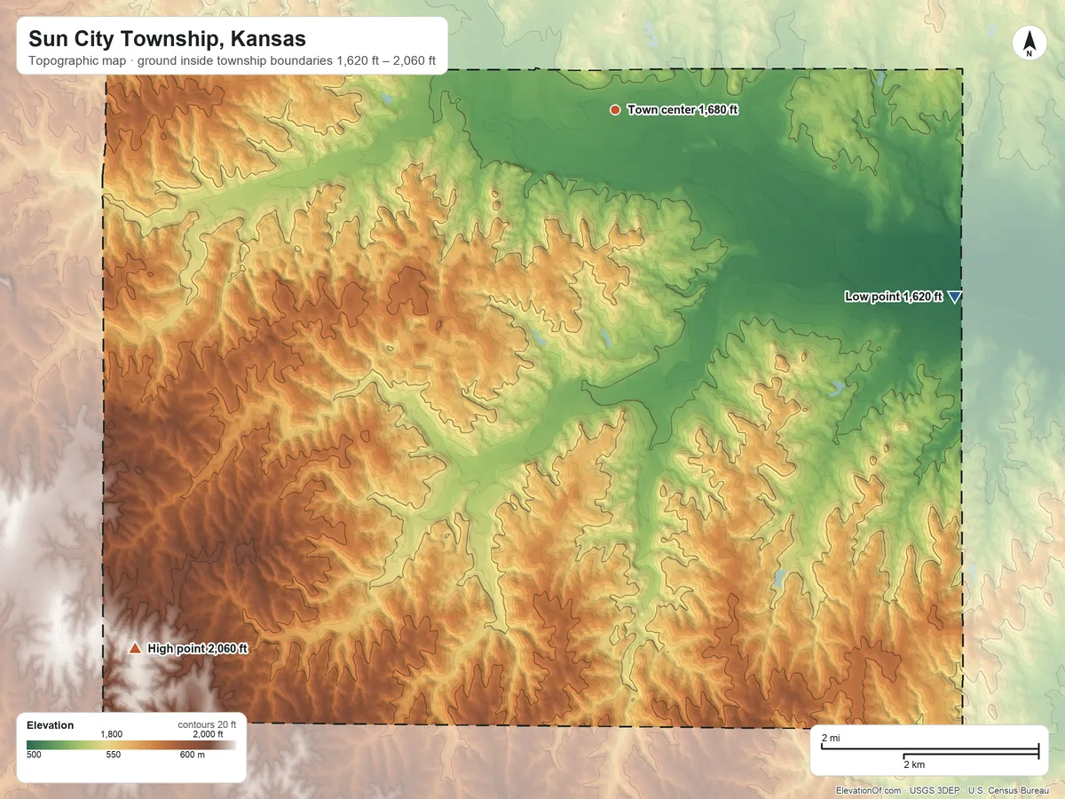 Topographic elevation map of Sun City Township, Kansas, shaded from 1,620 ft on the southeast side to 2,060 ft on the southwest side