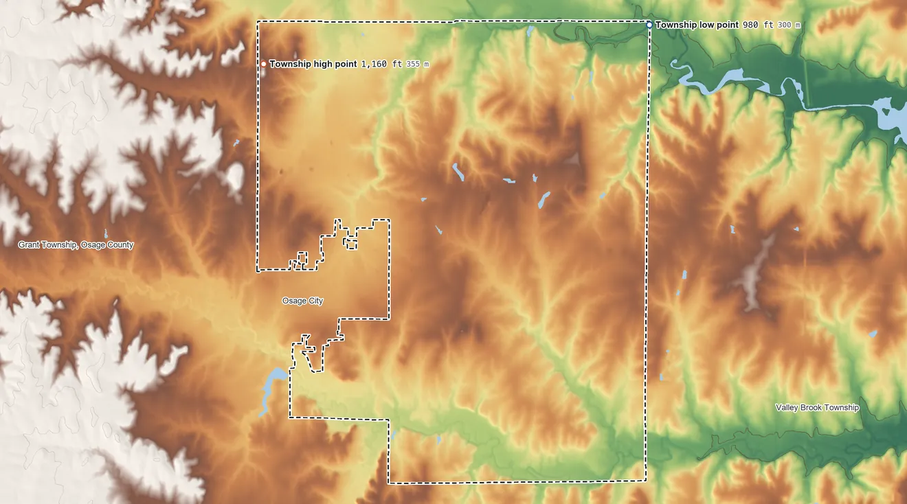 Topographic elevation map of Superior Township, Osage County, Kansas, shaded from 980 ft on the northeast side to 1,160 ft on the northwest side