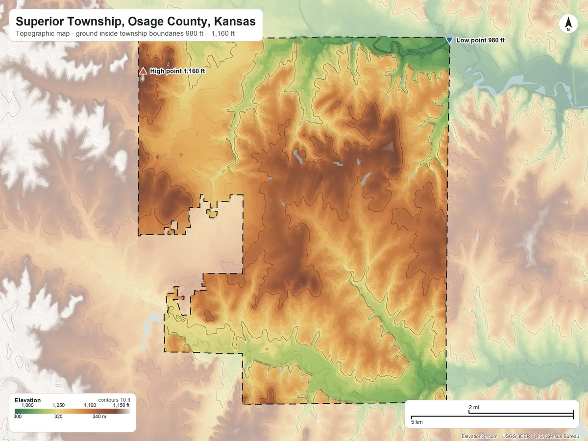 Topographic elevation map of Superior Township, Osage County, Kansas, shaded from 980 ft on the northeast side to 1,160 ft on the northwest side