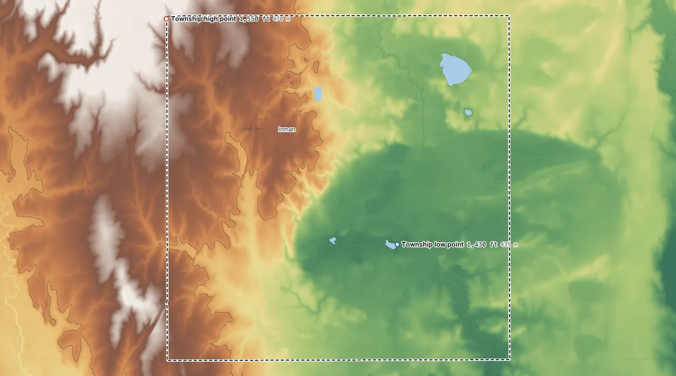 Topographic elevation map of Superior Township, Kansas, shaded from 1,430 ft on the southeast side to 1,550 ft on the northwest side