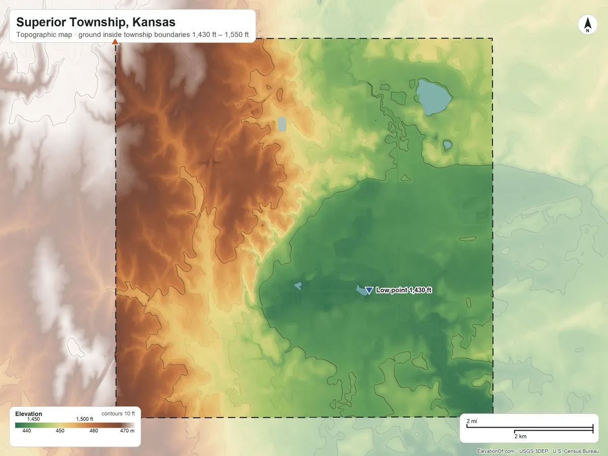 Topographic elevation map of Superior Township, Kansas, shaded from 1,430 ft on the southeast side to 1,550 ft on the northwest side