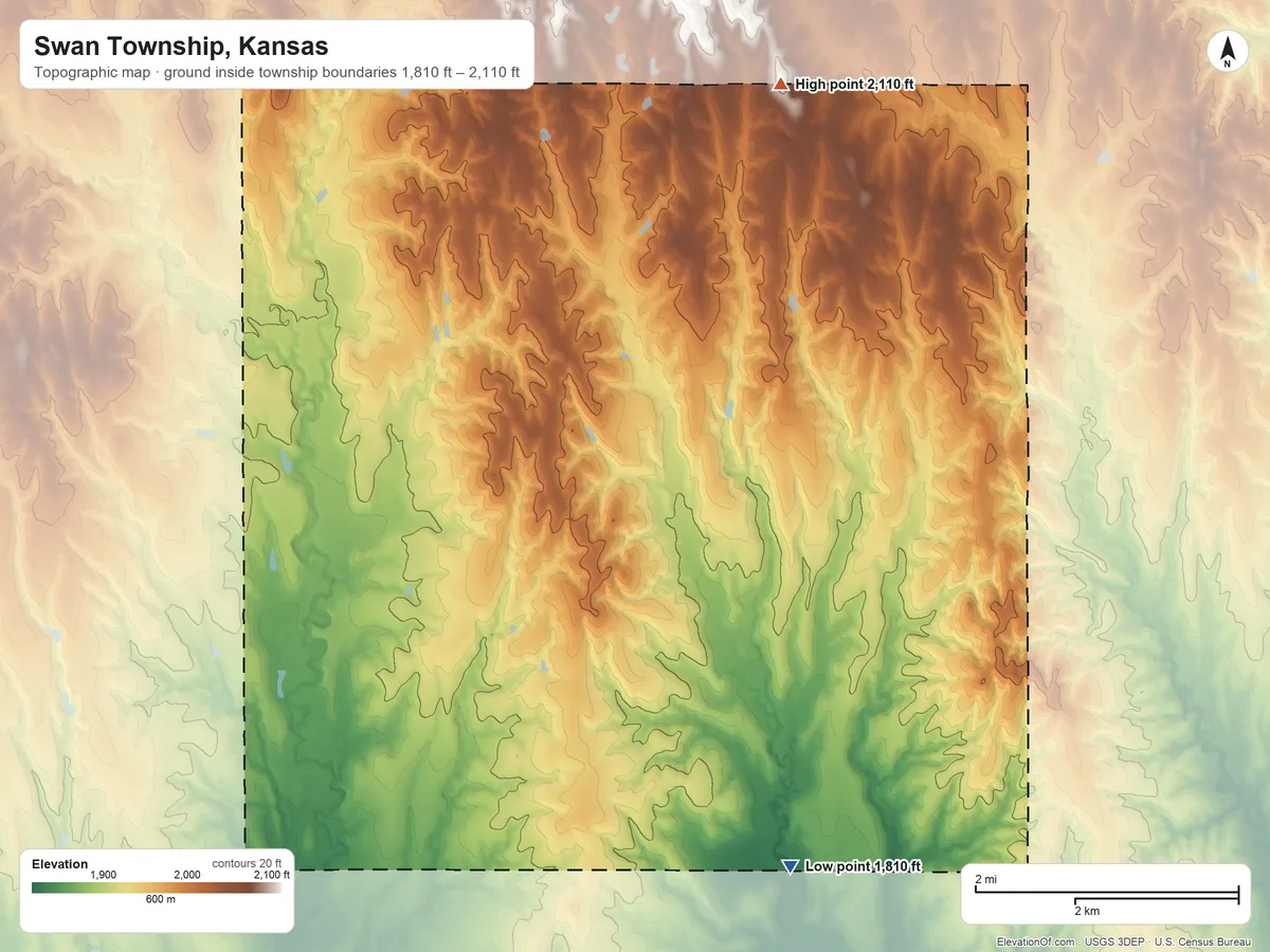 Topographic elevation map of Swan Township, Kansas, shaded from 1,810 ft on the south side to 2,110 ft on the north side