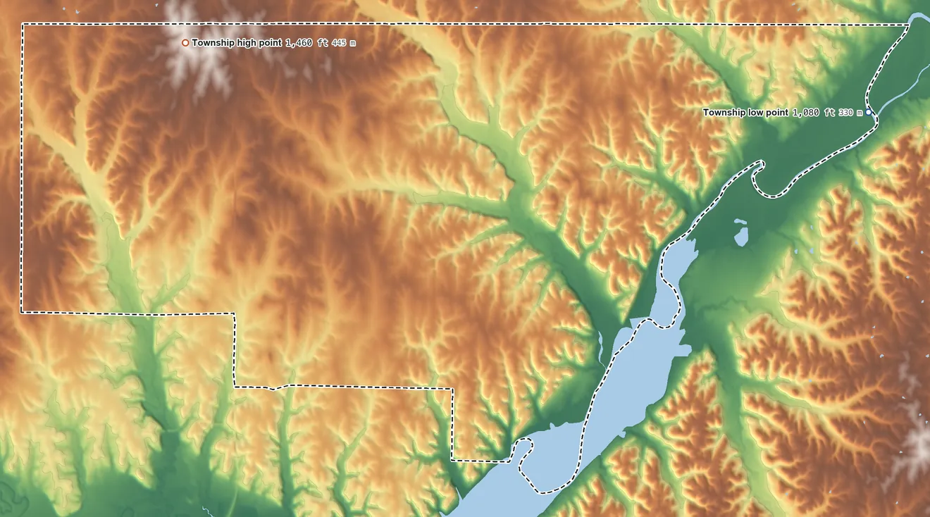 Topographic elevation map of Swede Creek Township, Kansas, shaded from 1,080 ft on the east side to 1,460 ft on the west side