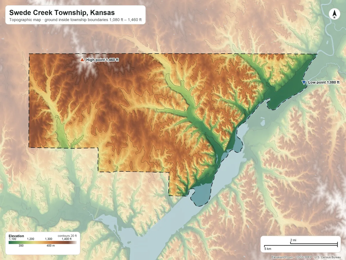 Topographic elevation map of Swede Creek Township, Kansas, shaded from 1,080 ft on the east side to 1,460 ft on the west side