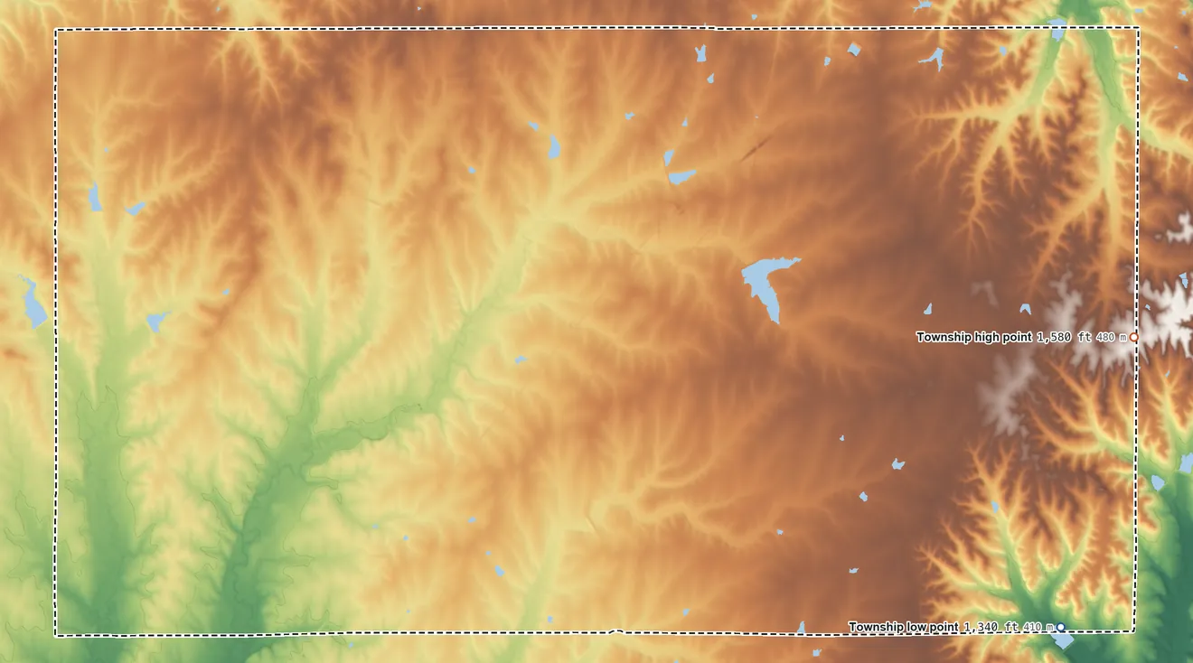 Topographic elevation map of Sycamore Township, Butler County, Kansas, shaded from 1,340 ft on the southeast side to 1,580 ft on the east side