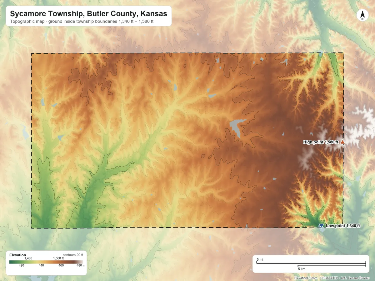 Topographic elevation map of Sycamore Township, Butler County, Kansas, shaded from 1,340 ft on the southeast side to 1,580 ft on the east side