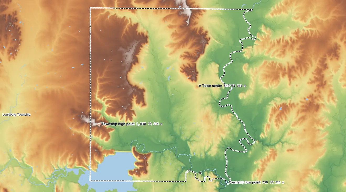 Topographic elevation map of Sycamore Township, Kansas, shaded from 730 ft on the south side to 1,030 ft on the west side