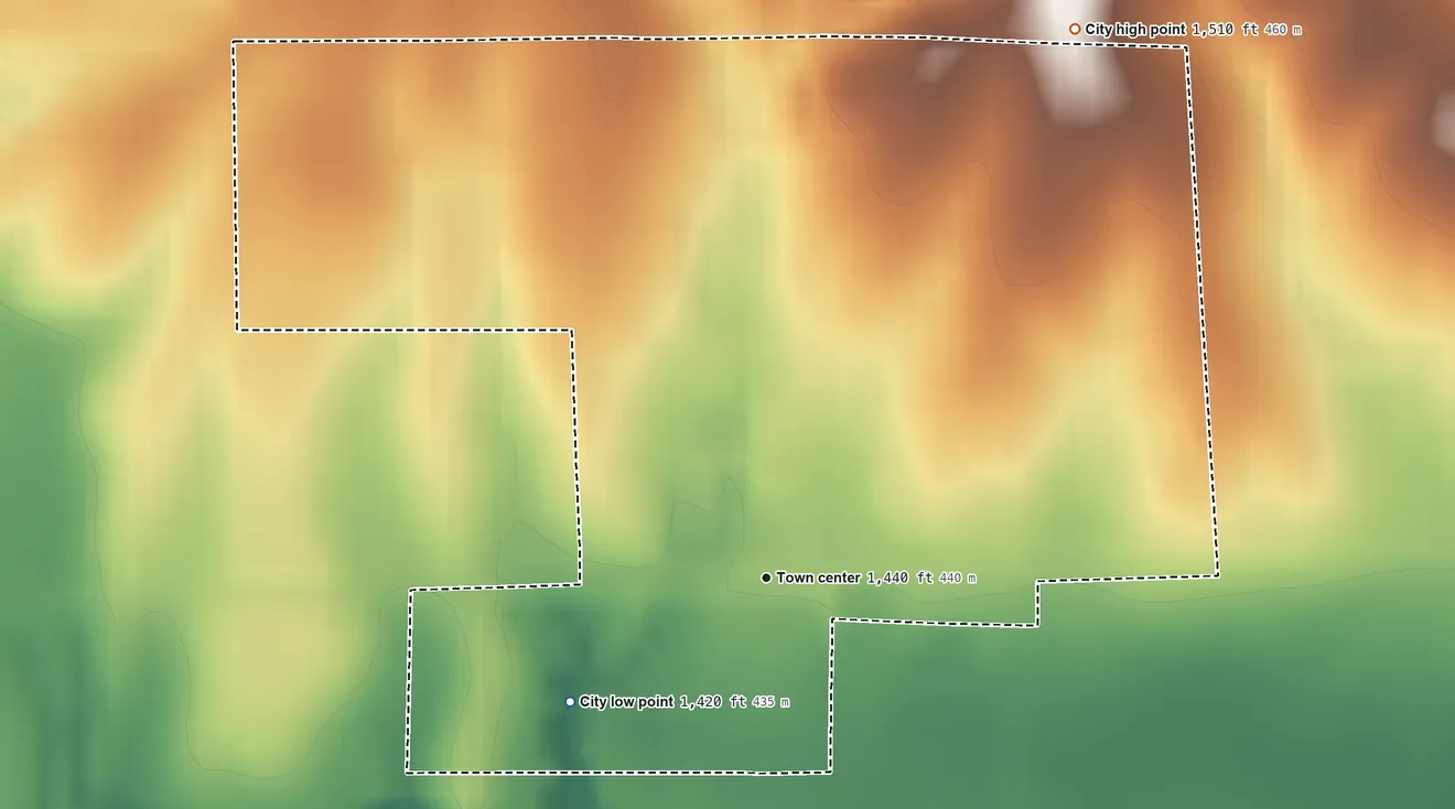 Topographic elevation map of Sylvan Grove, Kansas, shaded from 1,420 ft on the southwest side to 1,510 ft on the northeast side