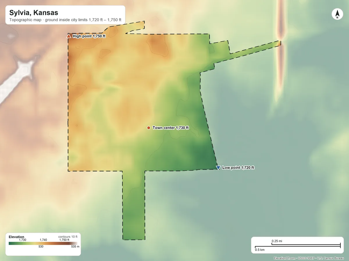 Topographic elevation map of Sylvia, Kansas, shaded from 1,720 ft on the southeast side to 1,750 ft on the northwest side