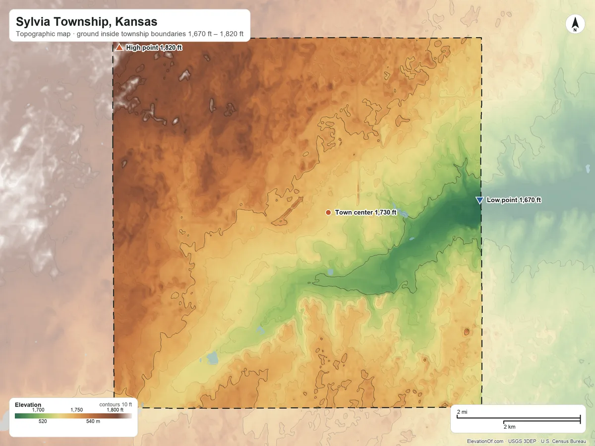 Topographic elevation map of Sylvia Township, Kansas, shaded from 1,670 ft on the east side to 1,820 ft on the northwest side