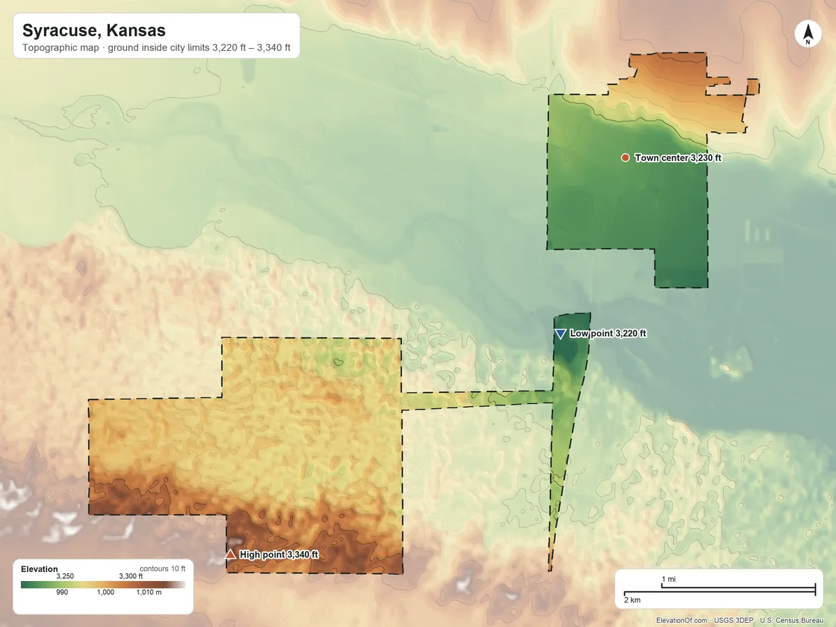 Topographic elevation map of Syracuse, Kansas, shaded from 3,220 ft on the south side to 3,340 ft on the southwest side
