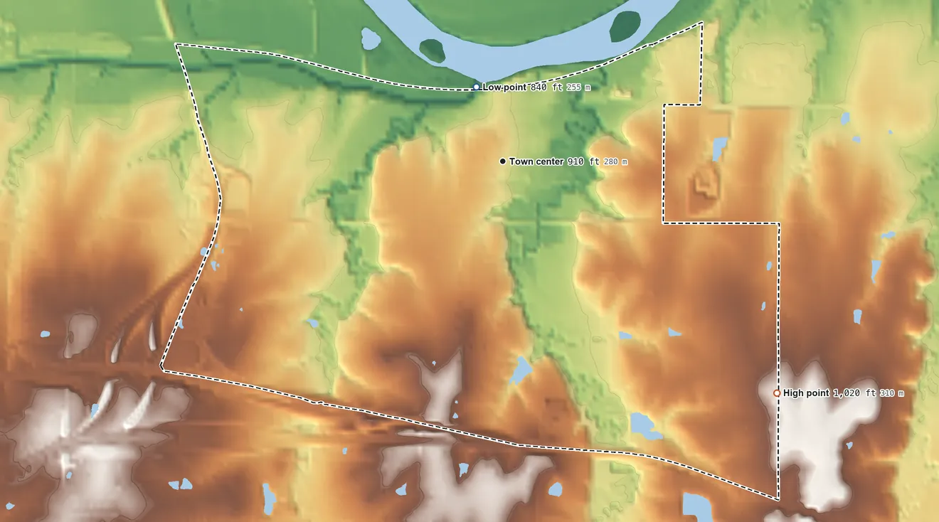 Topographic elevation map of Tecumseh, Kansas, shaded from 840 ft on the north side to 1,020 ft on the southeast side