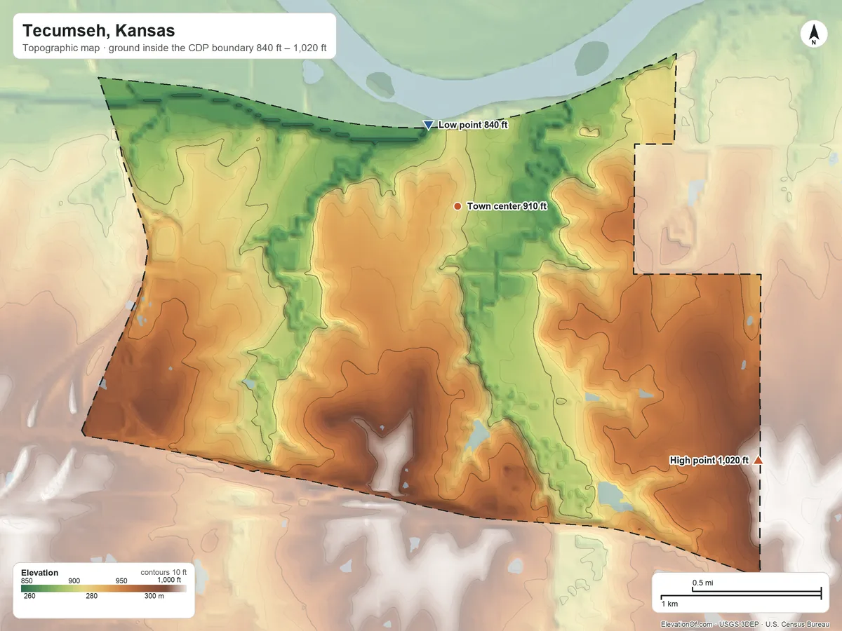 Topographic elevation map of Tecumseh, Kansas, shaded from 840 ft on the north side to 1,020 ft on the southeast side
