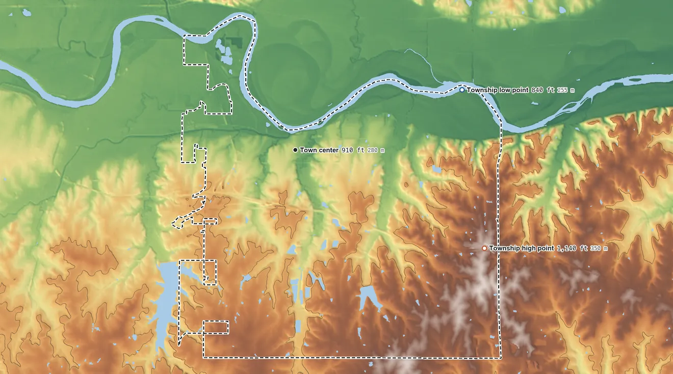 Topographic elevation map of Tecumseh Township, Kansas, shaded from 840 ft on the east side to 1,140 ft on the southeast side