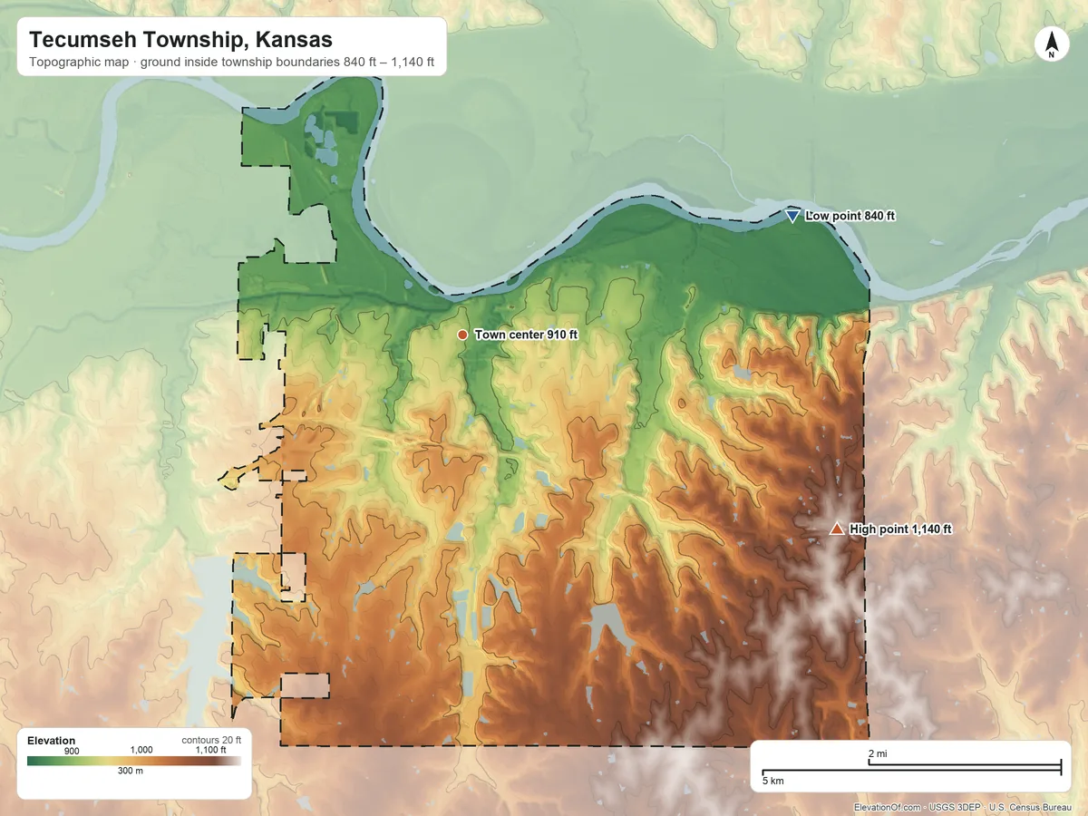 Topographic elevation map of Tecumseh Township, Kansas, shaded from 840 ft on the east side to 1,140 ft on the southeast side
