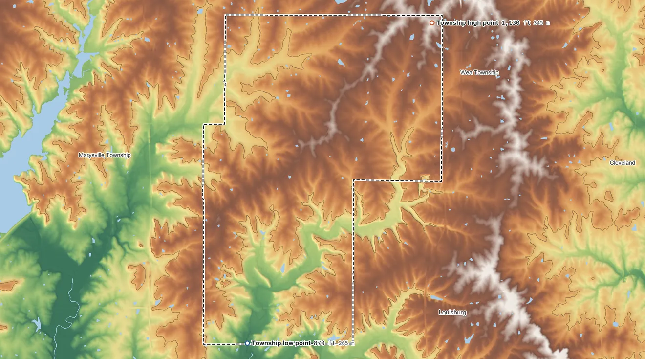 Topographic elevation map of Ten Mile Township, Kansas, shaded from 870 ft on the south side to 1,130 ft on the northeast side