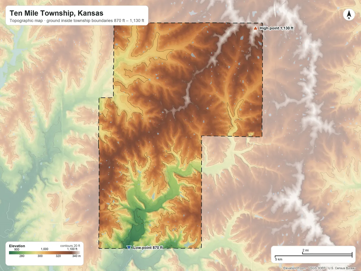 Topographic elevation map of Ten Mile Township, Kansas, shaded from 870 ft on the south side to 1,130 ft on the northeast side