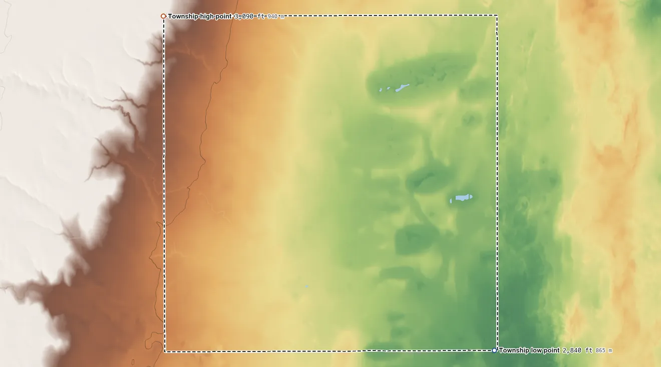 Topographic elevation map of Terry Township, Kansas, shaded from 2,840 ft on the southeast side to 3,090 ft on the northwest side