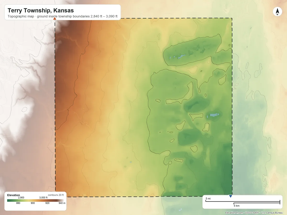 Topographic elevation map of Terry Township, Kansas, shaded from 2,840 ft on the southeast side to 3,090 ft on the northwest side