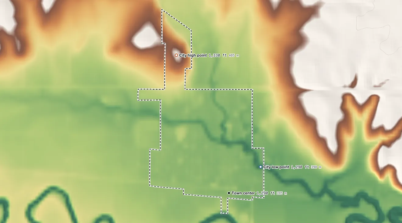 Topographic elevation map of Tescott, Kansas, shaded from 1,290 ft on the northeast side to 1,330 ft on the north side