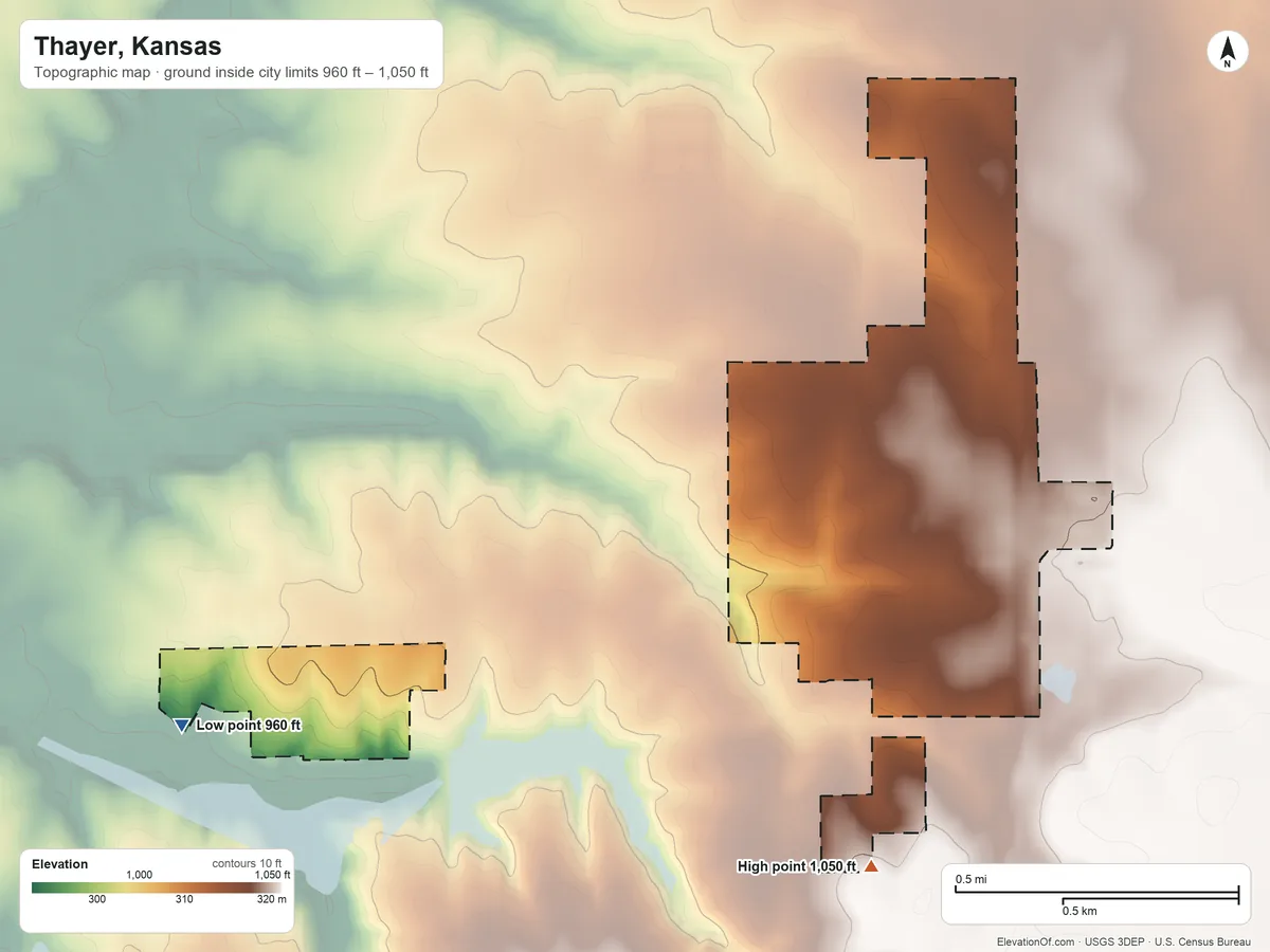 Topographic elevation map of Thayer, Kansas, shaded from 960 ft on the west side to 1,050 ft on the south side