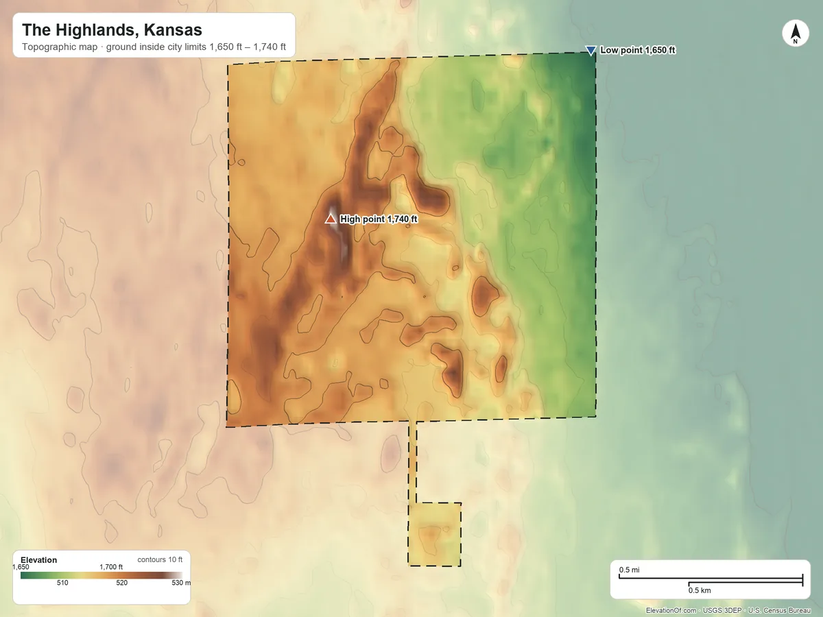 Topographic elevation map of The Highlands, Kansas, shaded from 1,650 ft on the northeast side to 1,740 ft on the west side