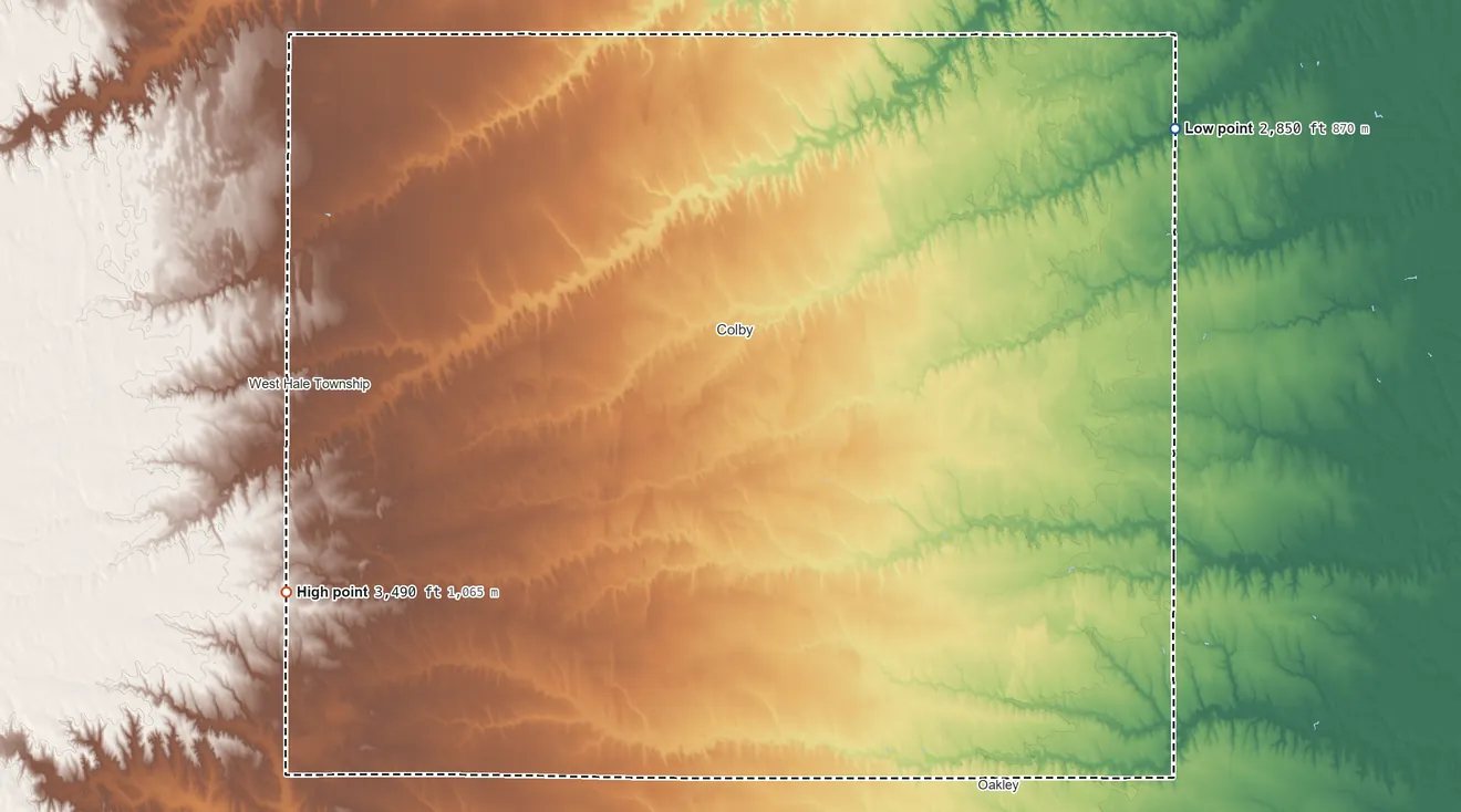 Topographic elevation map of Thomas County, Kansas, shaded from 2,850 ft on the northeast side to 3,490 ft on the southwest side