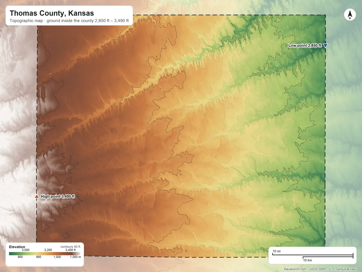 Topographic elevation map of Thomas County, Kansas, shaded from 2,850 ft on the northeast side to 3,490 ft on the southwest side