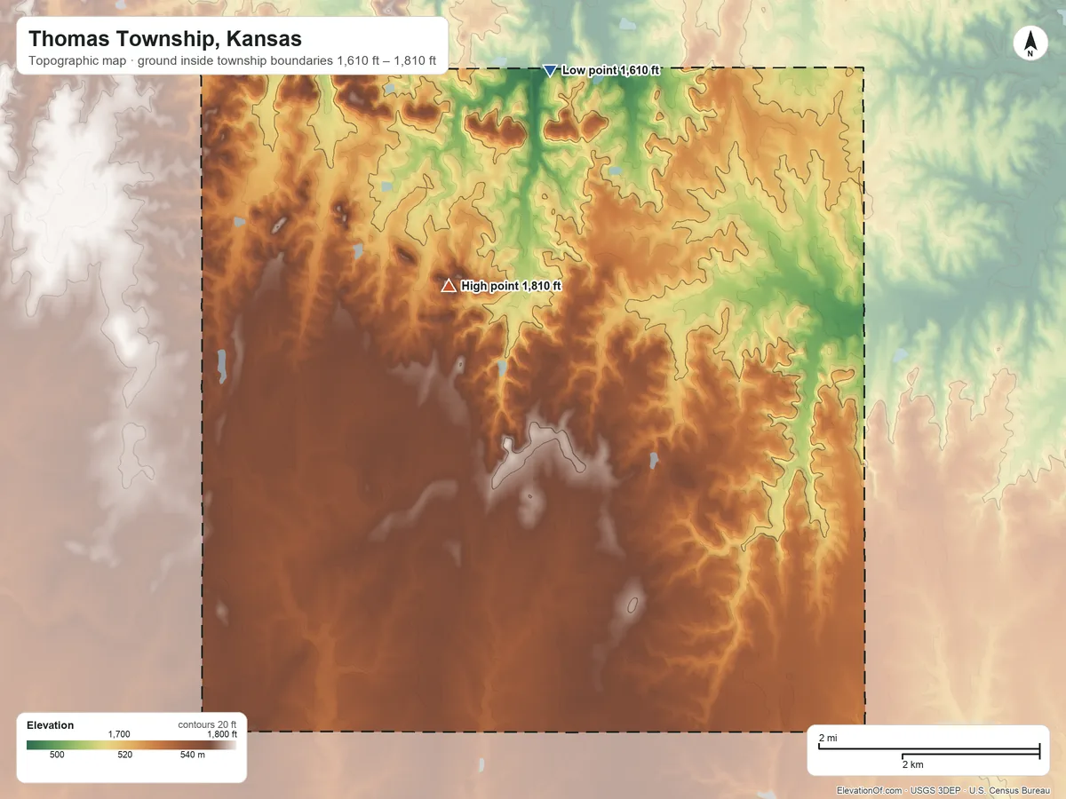 Topographic elevation map of Thomas Township, Kansas, shaded from 1,610 ft on the north side to 1,810 ft near the middle