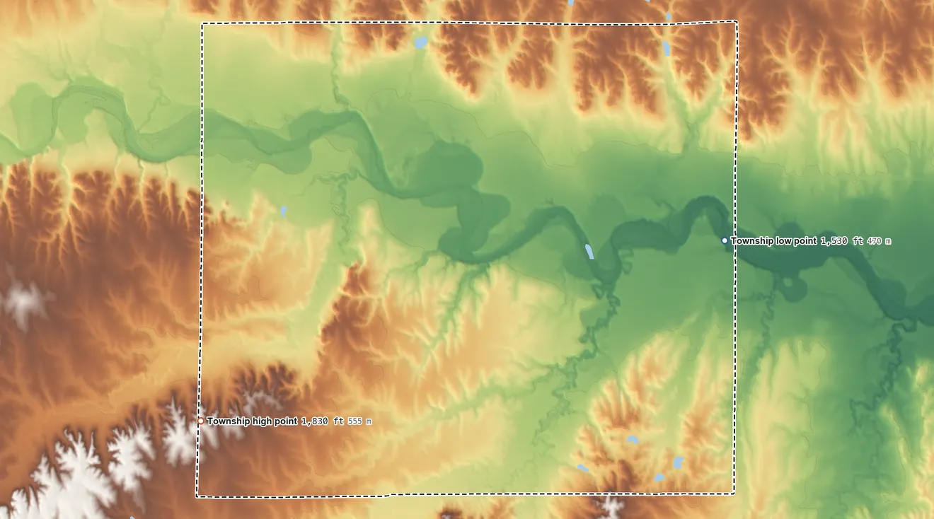 Topographic elevation map of Tilden Township, Kansas, shaded from 1,530 ft on the east side to 1,830 ft on the southwest side