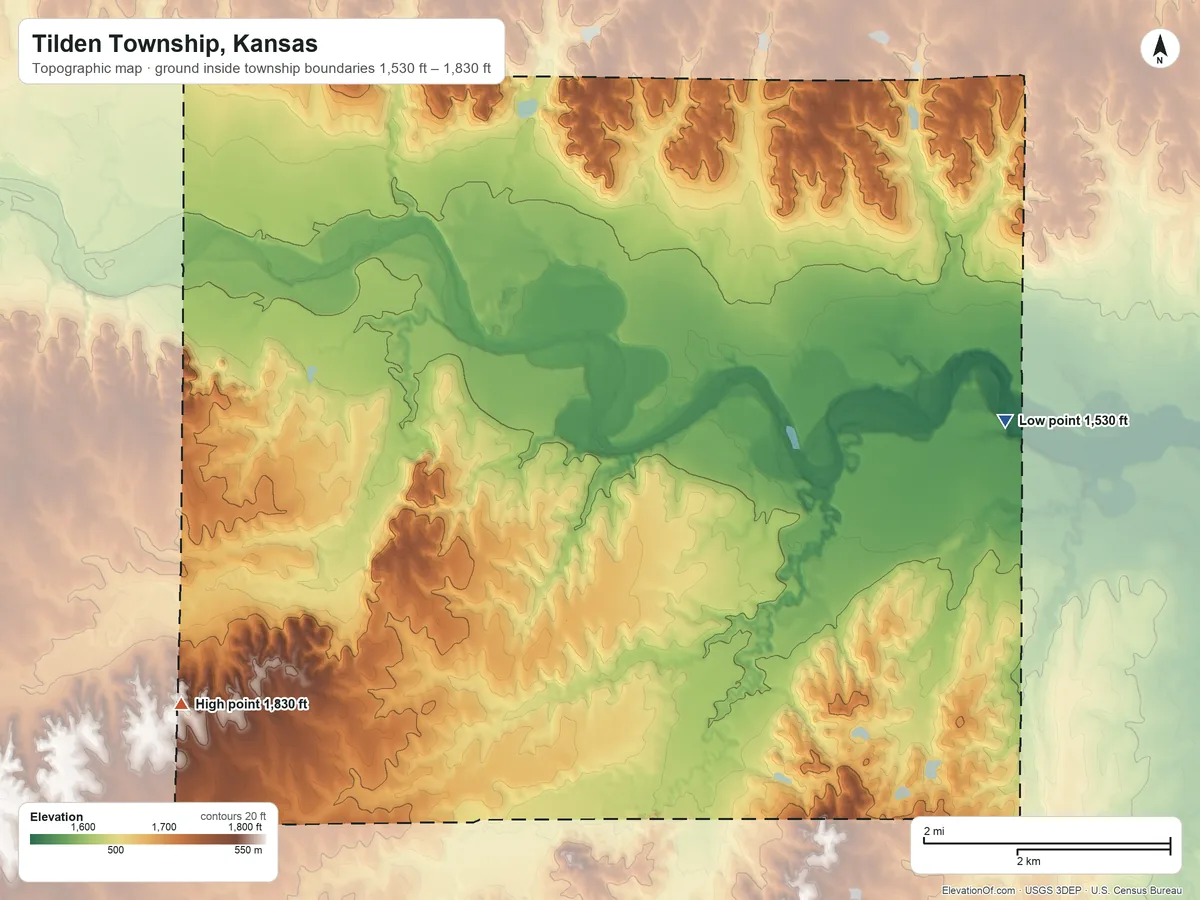 Topographic elevation map of Tilden Township, Kansas, shaded from 1,530 ft on the east side to 1,830 ft on the southwest side