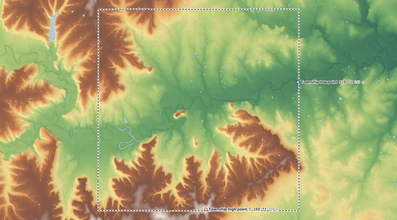 Topographic elevation map of Timberhill Township, Kansas, shaded from 810 ft on the east side to 1,100 ft on the south side