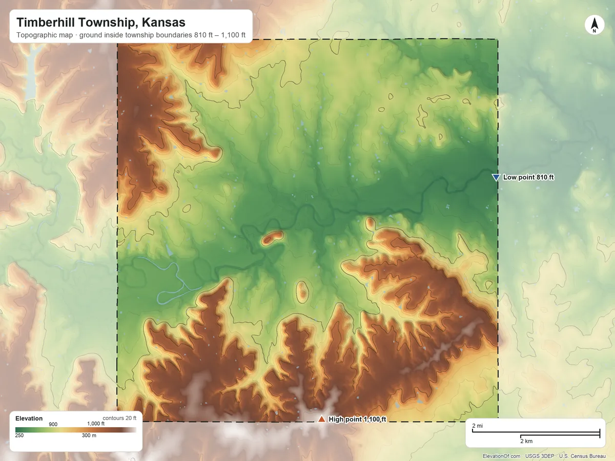 Topographic elevation map of Timberhill Township, Kansas, shaded from 810 ft on the east side to 1,100 ft on the south side