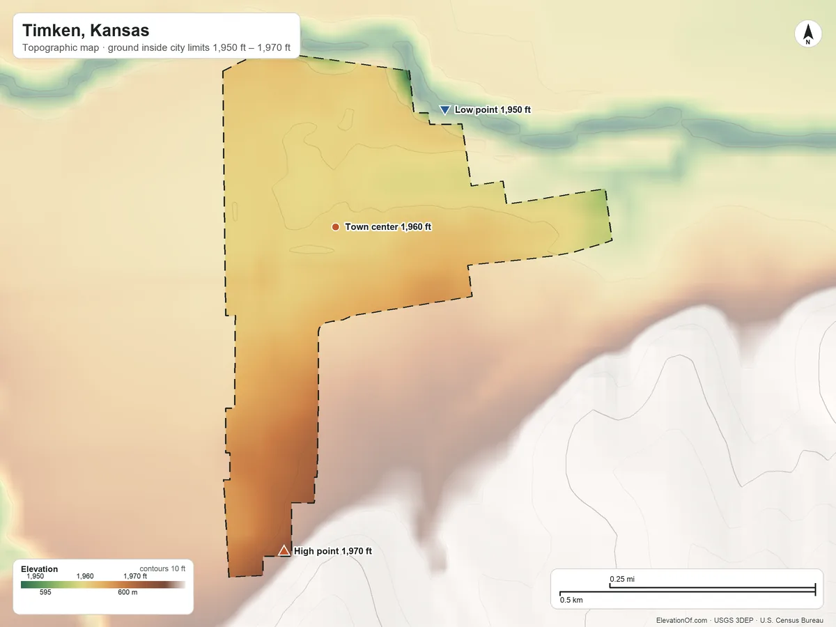 Topographic elevation map of Timken, Kansas, shaded from 1,950 ft on the northeast side to 1,970 ft on the south side