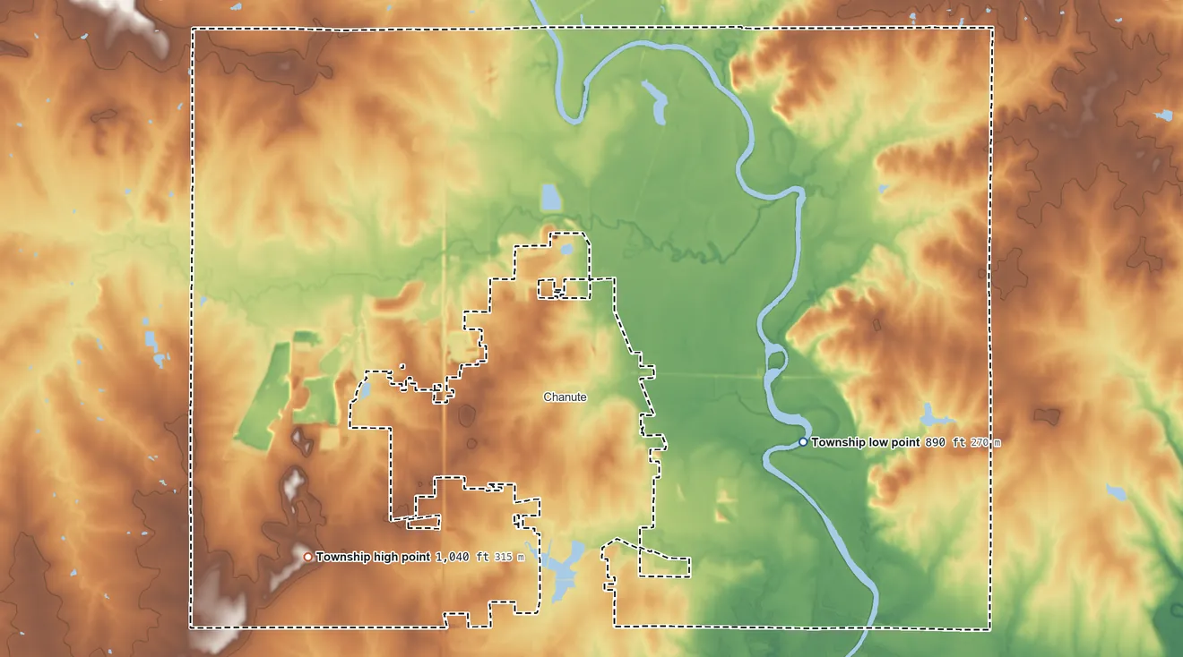 Topographic elevation map of Tioga Township, Kansas, shaded from 890 ft on the east side to 1,040 ft on the west side