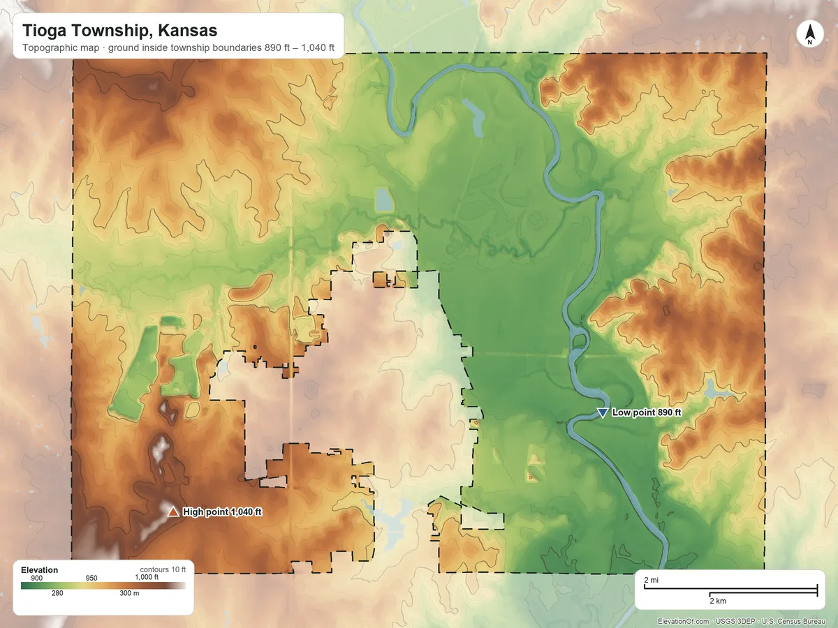 Topographic elevation map of Tioga Township, Kansas, shaded from 890 ft on the east side to 1,040 ft on the west side