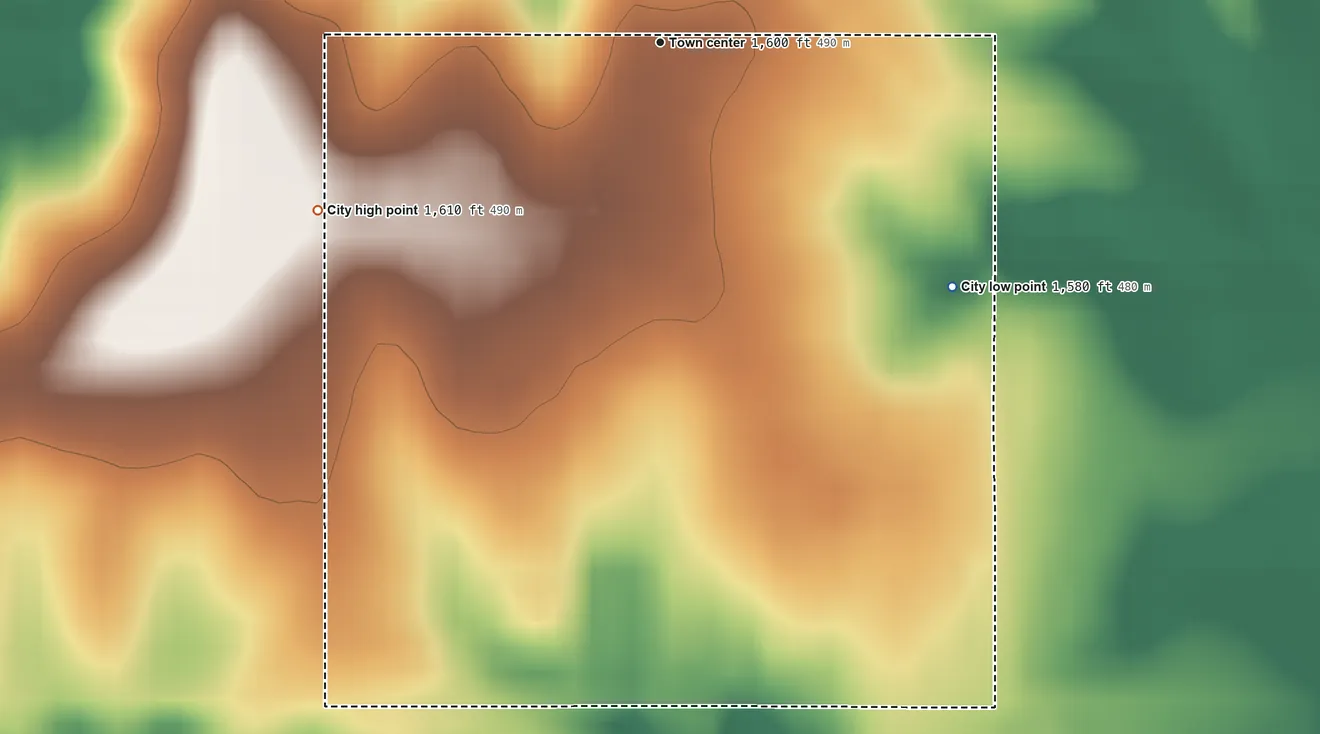 Topographic elevation map of Tipton, Kansas, shaded from 1,580 ft on the southeast side to 1,610 ft on the southwest side