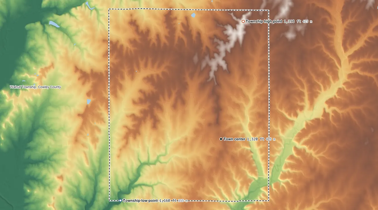 Topographic elevation map of Tisdale Township, Kansas, shaded from 1,160 ft on the southwest side to 1,390 ft on the north side