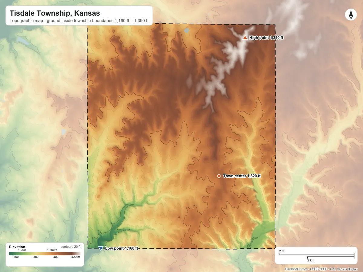 Topographic elevation map of Tisdale Township, Kansas, shaded from 1,160 ft on the southwest side to 1,390 ft on the north side