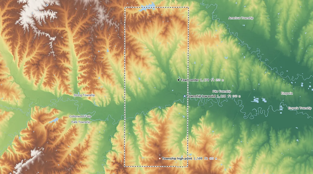 Topographic elevation map of Toledo Township, Kansas, shaded from 1,110 ft on the south side to 1,500 ft on the south side
