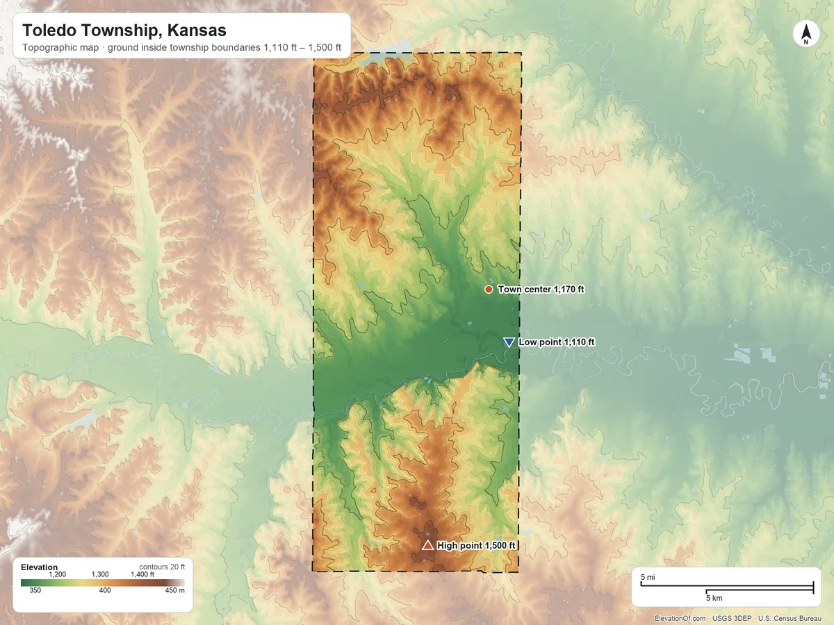 Topographic elevation map of Toledo Township, Kansas, shaded from 1,110 ft on the south side to 1,500 ft on the south side