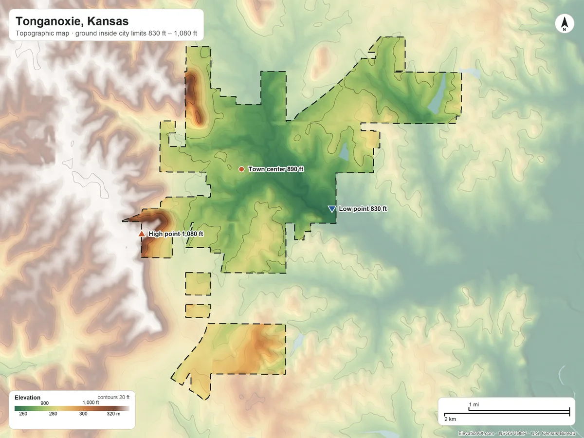 Topographic elevation map of Tonganoxie, Kansas, shaded from 830 ft on the southeast side to 1,080 ft on the southwest side