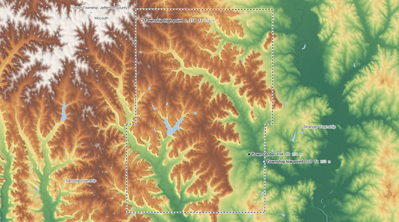 Topographic elevation map of Tonganoxie Township, Kansas, shaded from 840 ft near the middle to 1,150 ft on the northwest side