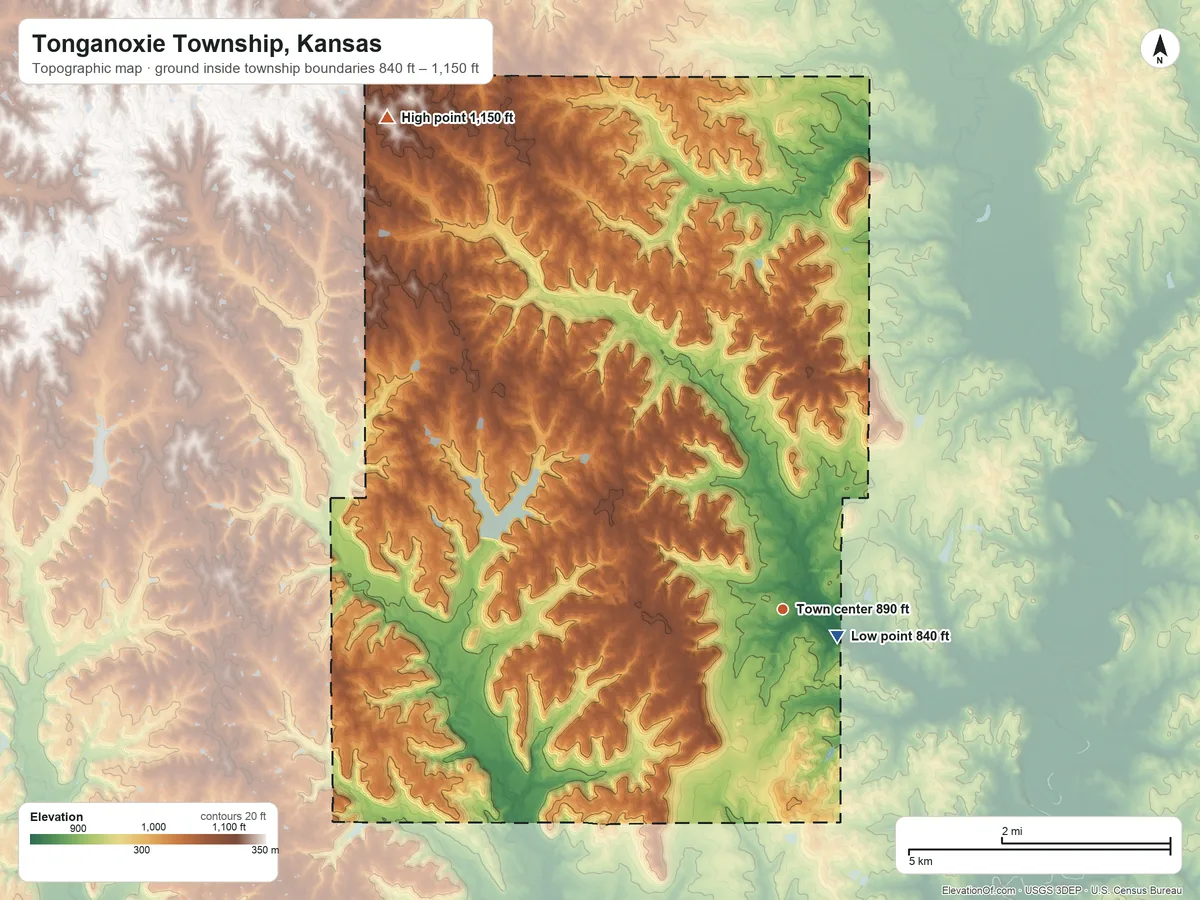 Topographic elevation map of Tonganoxie Township, Kansas, shaded from 840 ft near the middle to 1,150 ft on the northwest side