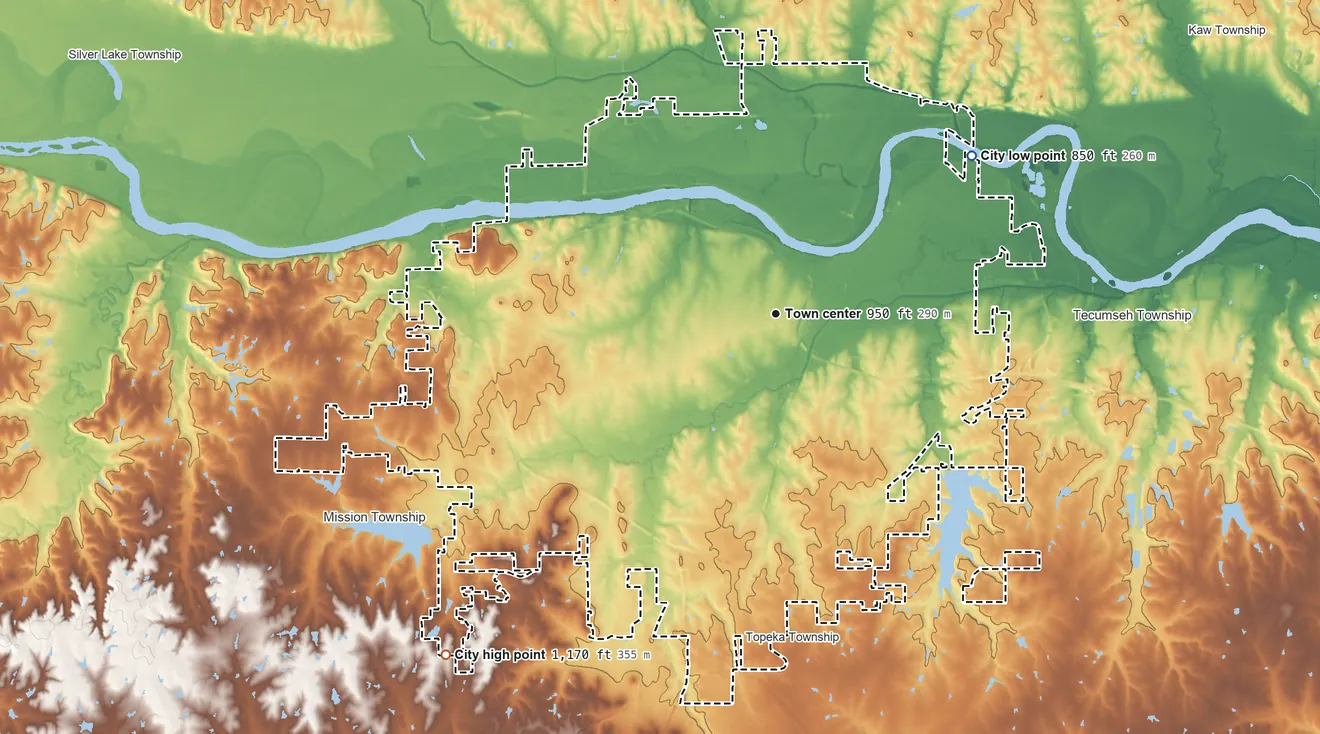 Topographic elevation map of Topeka, Kansas, shaded from 850 ft on the northeast side to 1,170 ft on the southwest side