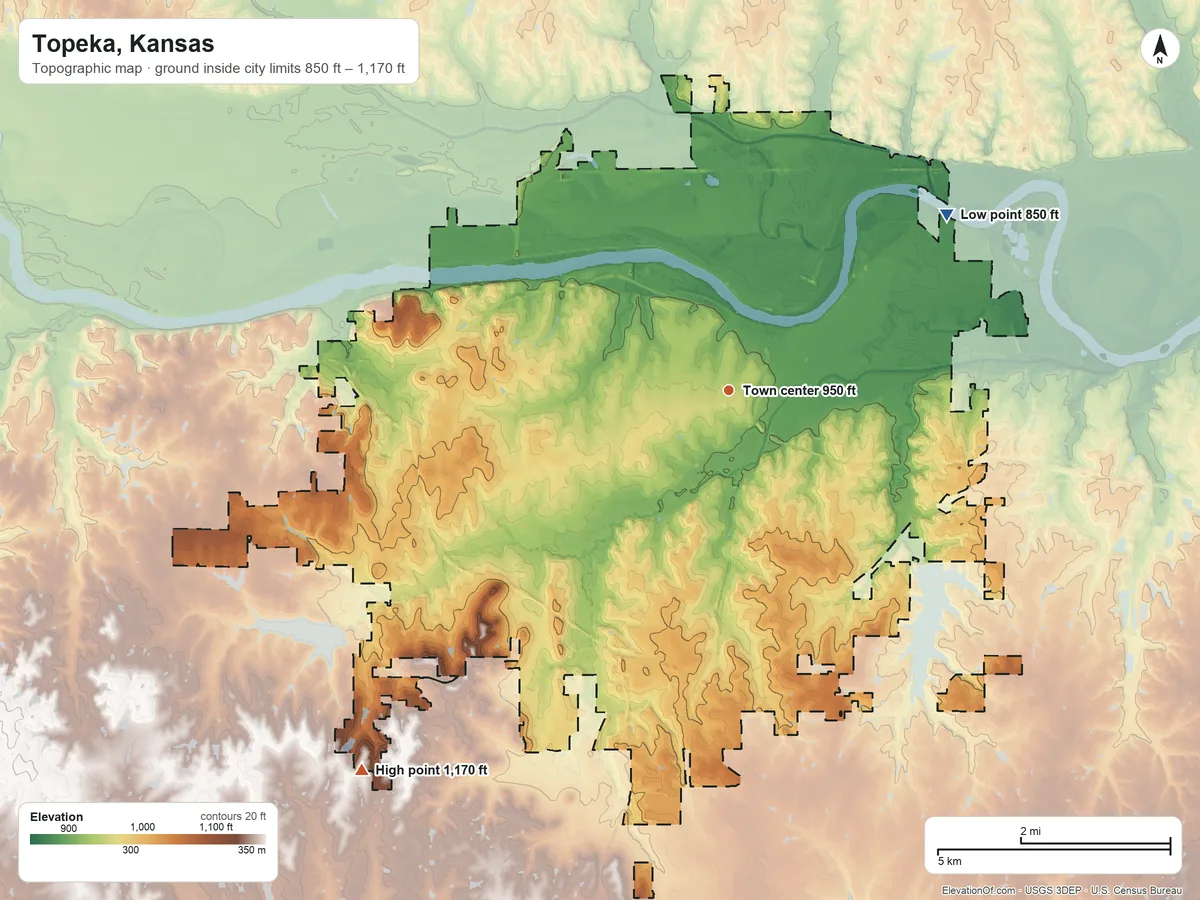 Topographic elevation map of Topeka, Kansas, shaded from 850 ft on the northeast side to 1,170 ft on the southwest side